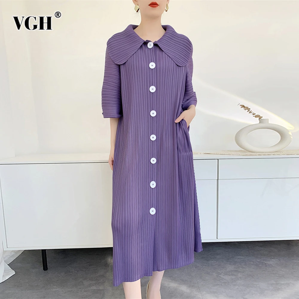 

VGH однотонные утягивающие платья на пуговицах для женщин, лоскутное драпированное платье с рукавами три четверти и лацканами, женское модное новое платье
