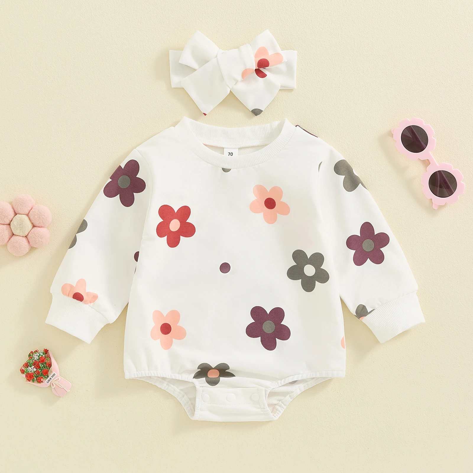 Baby Girl Sweety Sweatshirt Romper Floral Print Round Neck Long Sleeve Bodysuits Jumpsuit with Headband Outfits