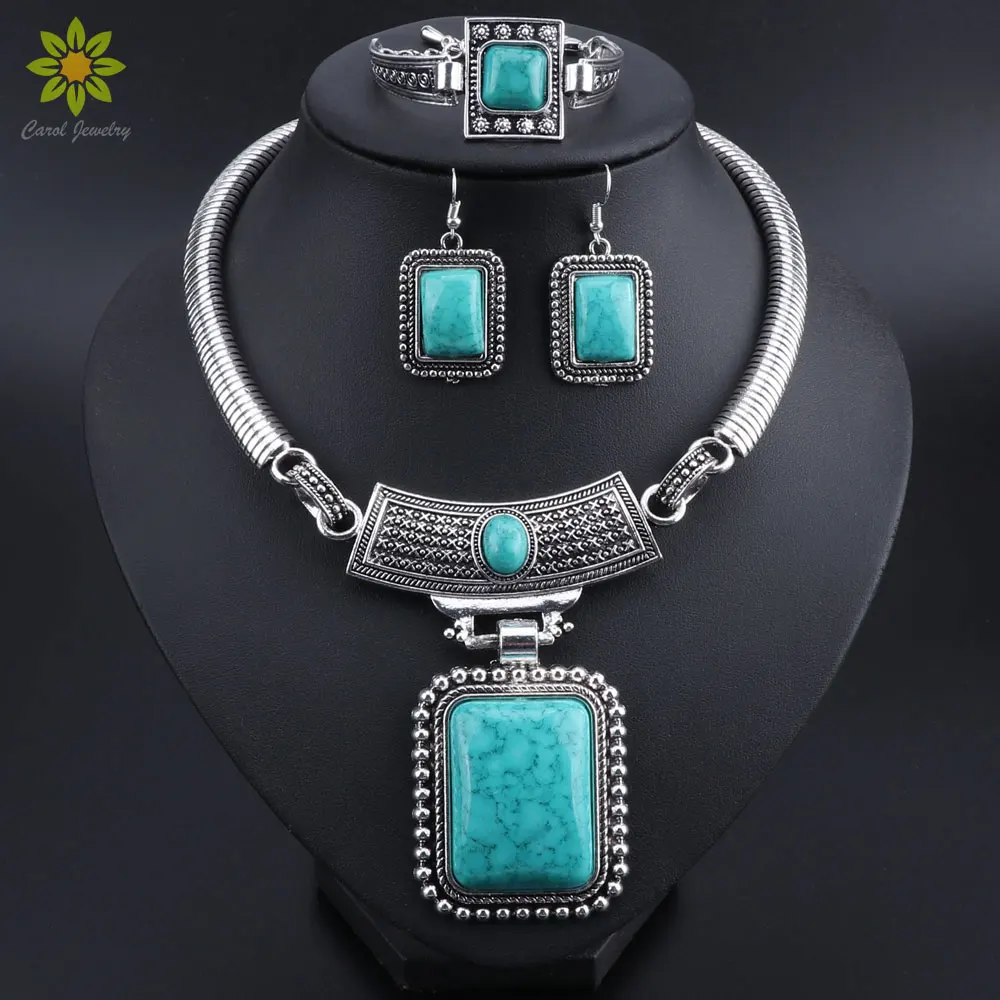 Fashion Turquoises Jewelry Set Rectangle Retro Ethnic Necklace Earrings Bracelet Sets Crystal Necklace Pendant Women\'s Elegant