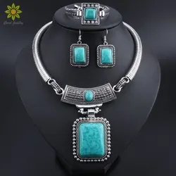 Fashion Turquoises Jewelry Set Rectangle Retro Ethnic Necklace Earrings Bracelet Sets Crystal Necklace Pendant Women's Elegant