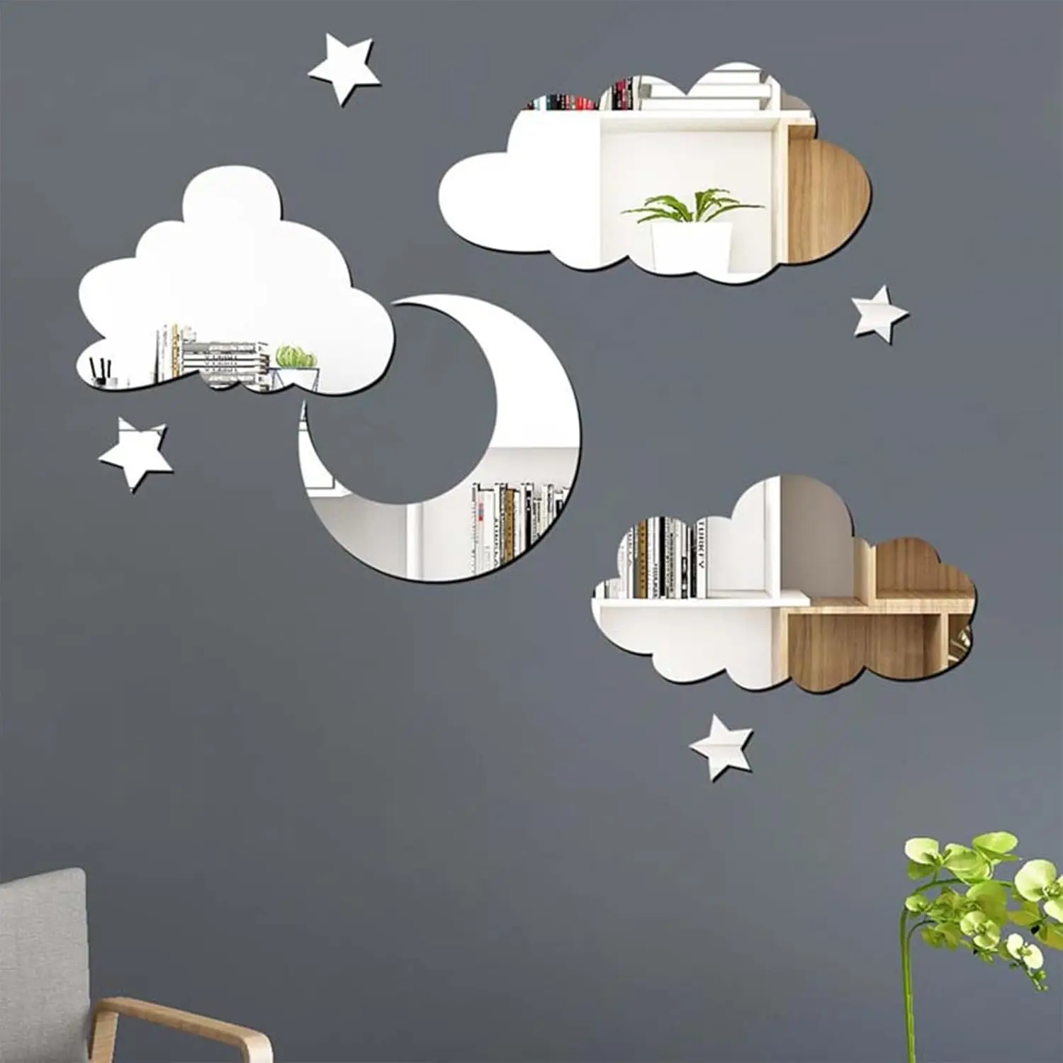 3D Moon Cloud Mirror Wall Sticker, Acrylic Material, Self-Adhesive Decorative Moon Star Cloud Wall Decal for Living Room Bedroom