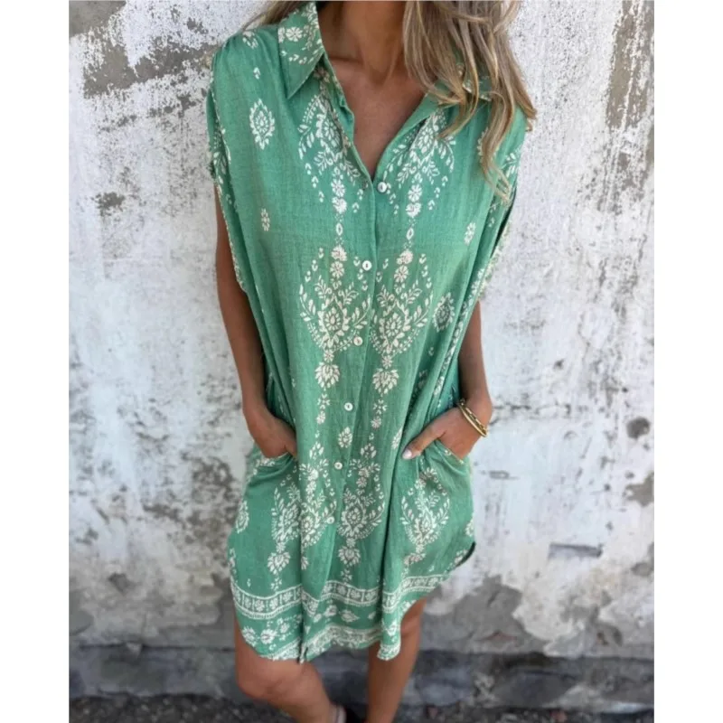 فساتين بوهو مطبوعة على الموضة للسيدات فستان قميص فضفاض بأكمام قصيرة وأزرار فستان لقضاء العطلات على الشاطئ رداء صيفي جديد