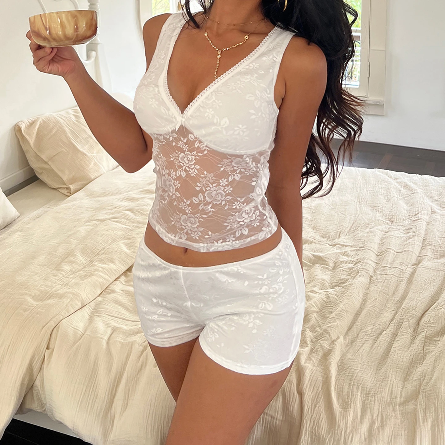 [RUOKE] Women Lace Sleepwear Set Spaghetti Strap Crop Top Mini Shorts Sexy 2 Piece Suit Semi-sheer Pajama Loungewear Outfit Club