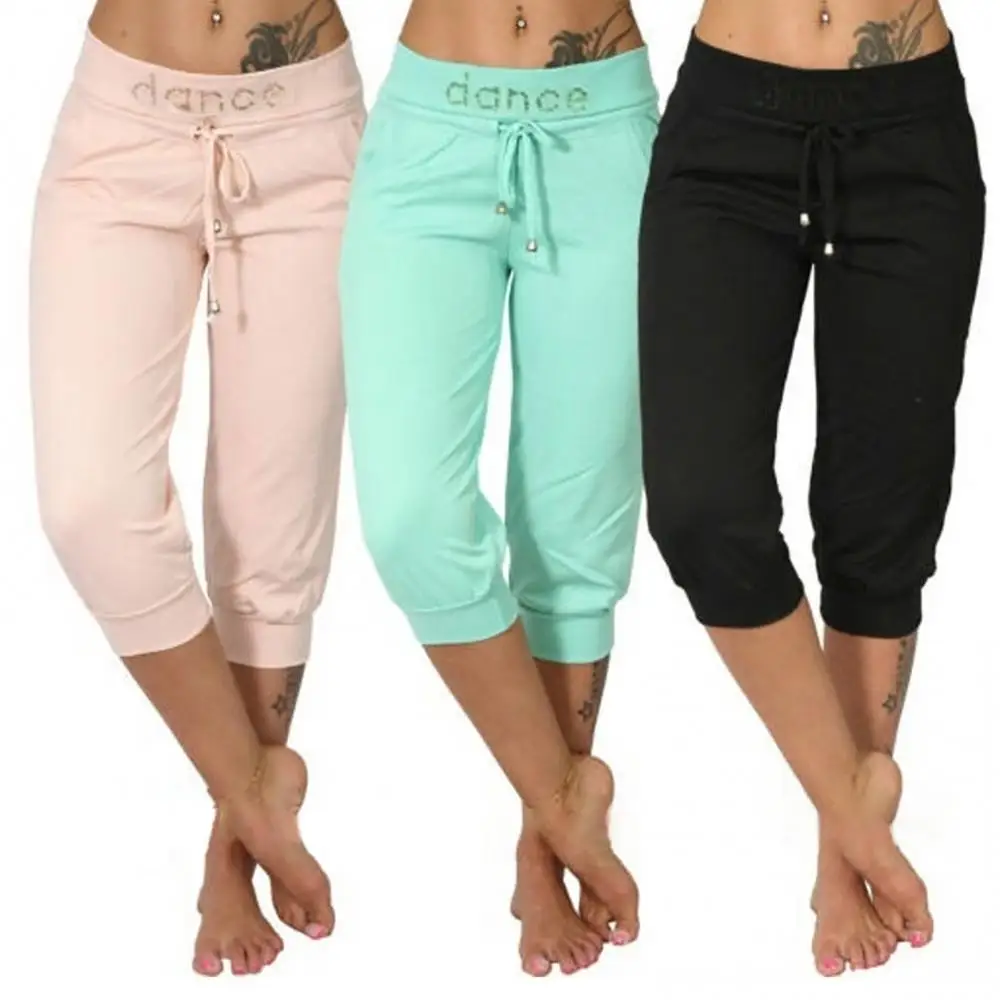 Women Gym Fitness Sweatpants Casual Solid Color Low Rise Drawstring Pockets Sports Pants Shorts Female Joggers Pants