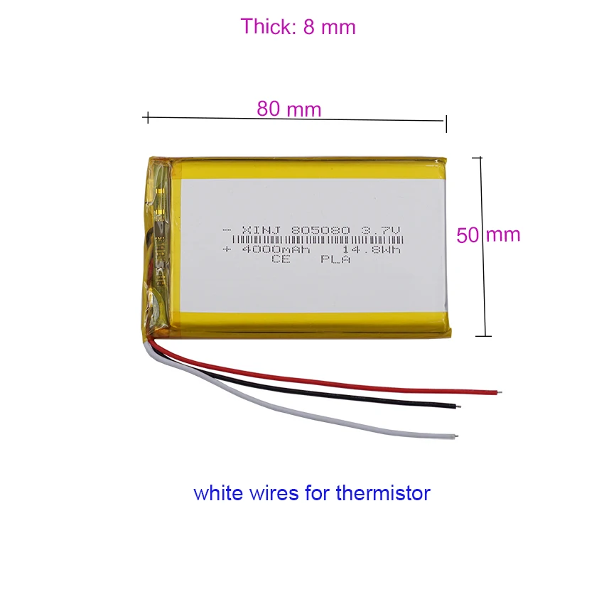 3.7V 4000mAh 14.8Wh NTC 3-Wires Thermistor Li Lithium Battery 805080 Lipo For GSP DashCam e-book Bluetooth Speaker Tablet PC