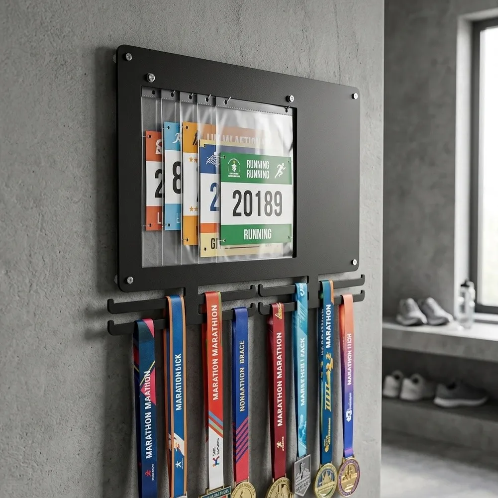 Chalkboard Integrated Medal Hanger for Runners to Display for marathon Medals Track Times and Preserve Race Bibs Collectively