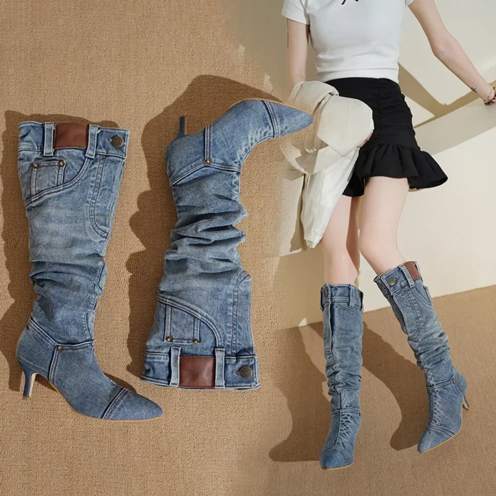 Thigh High Boots 2024 Vintage Denim Boots for Women with Slim Heels Pointed Toe Long Boots Womens Shoes Jean Shoes for Women