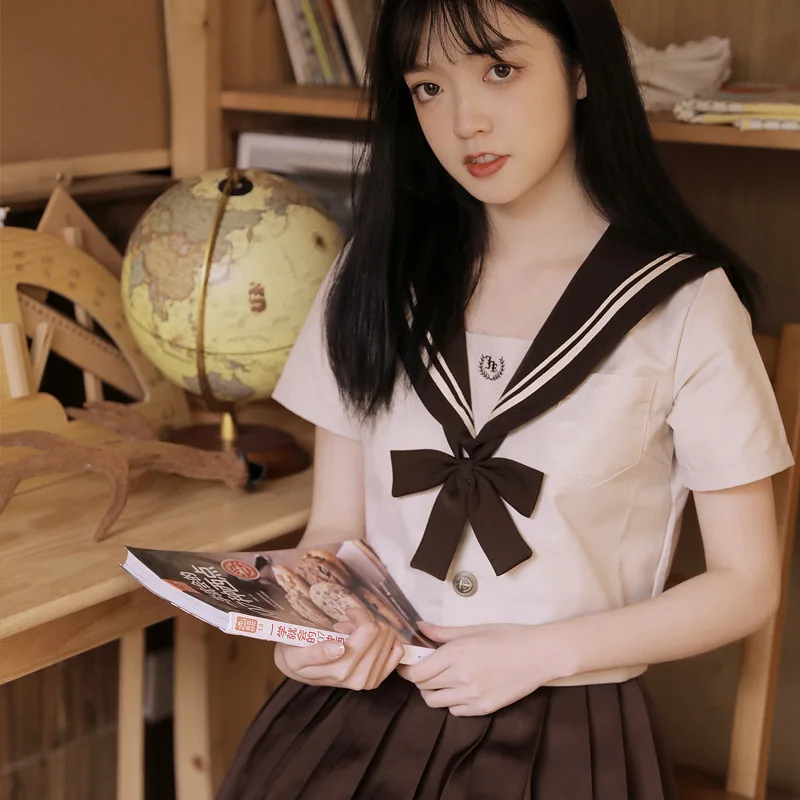 Japanese Fresh Milk Tea Two-Piece Sailor Suit, Soft women JK Uniform,College Class Style,Pleated Skirt Set For Daily Campus Wear