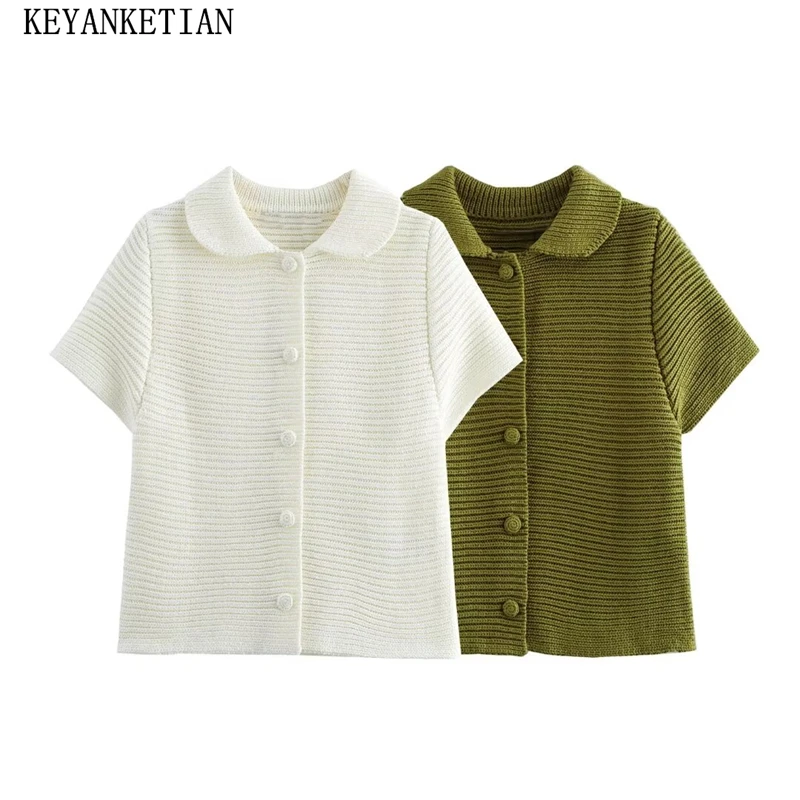 

KEYANKETIAN 2024 New Women's Short sleeve knit top Summer Leisure style Simply Single Breasted Turn Down Collar Crop Knitwear