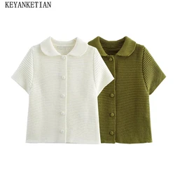 KEYANKETIAN 2024 New Women's Short sleeve knit top Summer Leisure style Simply Single Breasted Turn Down Collar Crop Knitwear