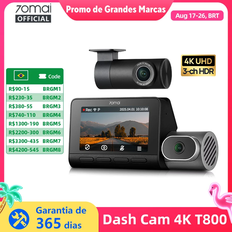 70mai Dash Cam 4K T800 com Módulo 4G UP04 Supercapacitor 3 Canais HDR Wifi 6 GPS Controle Remoto Alerta em Tempo Real 70mai T800