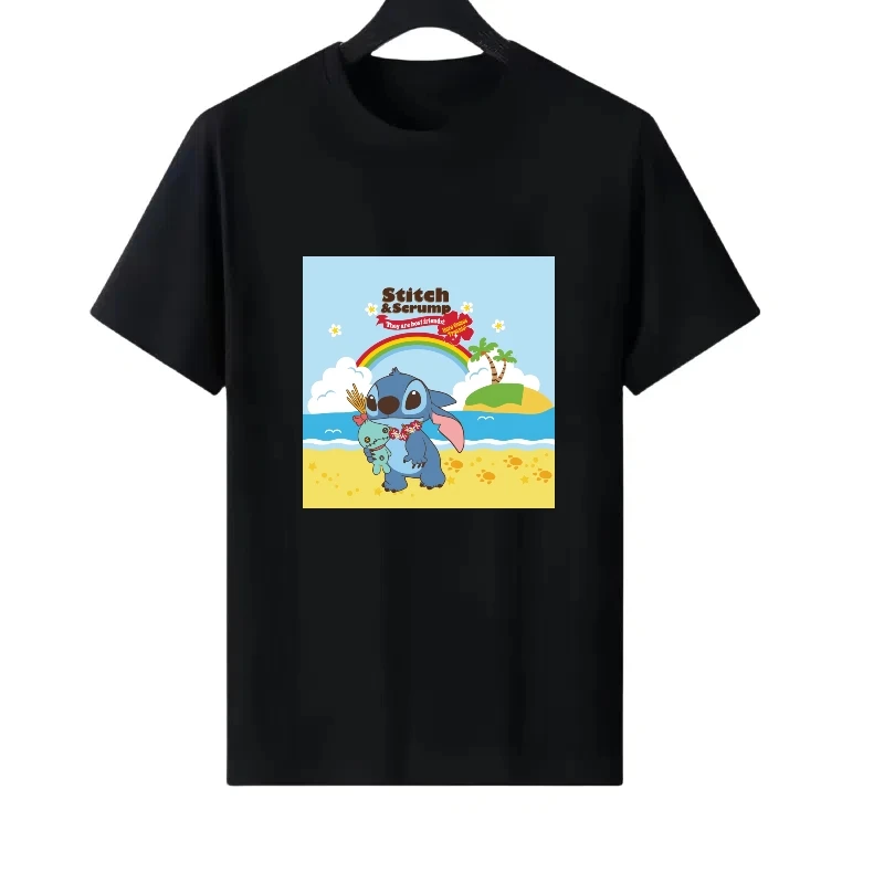 

Disney Stitch Pattern Woman Black Fashion Parent-child Clothing Casual Tops Ladies Cheap Short Sleeves T-Shirt Men Sweatshirts
