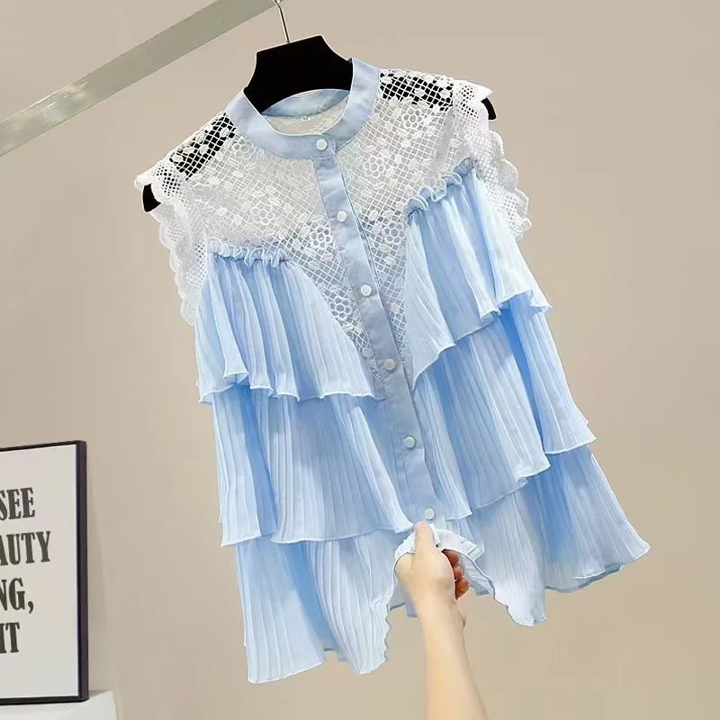 Hollow Out Lace Blusas Mujer Cascading Ruffle Woman 2026 Shirts & Blouses Single Breasted Clothing Sleeveless Camisas Tops