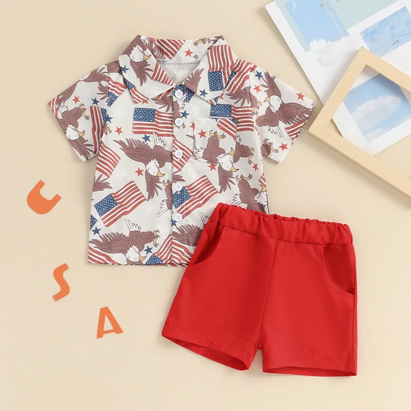 2024-03-11Lioraitiin Toddler Boy 4th of July Outfit Eagle Print Button Down Lapel Neck Short Sleeve Tops+Elastic Waist Short Set