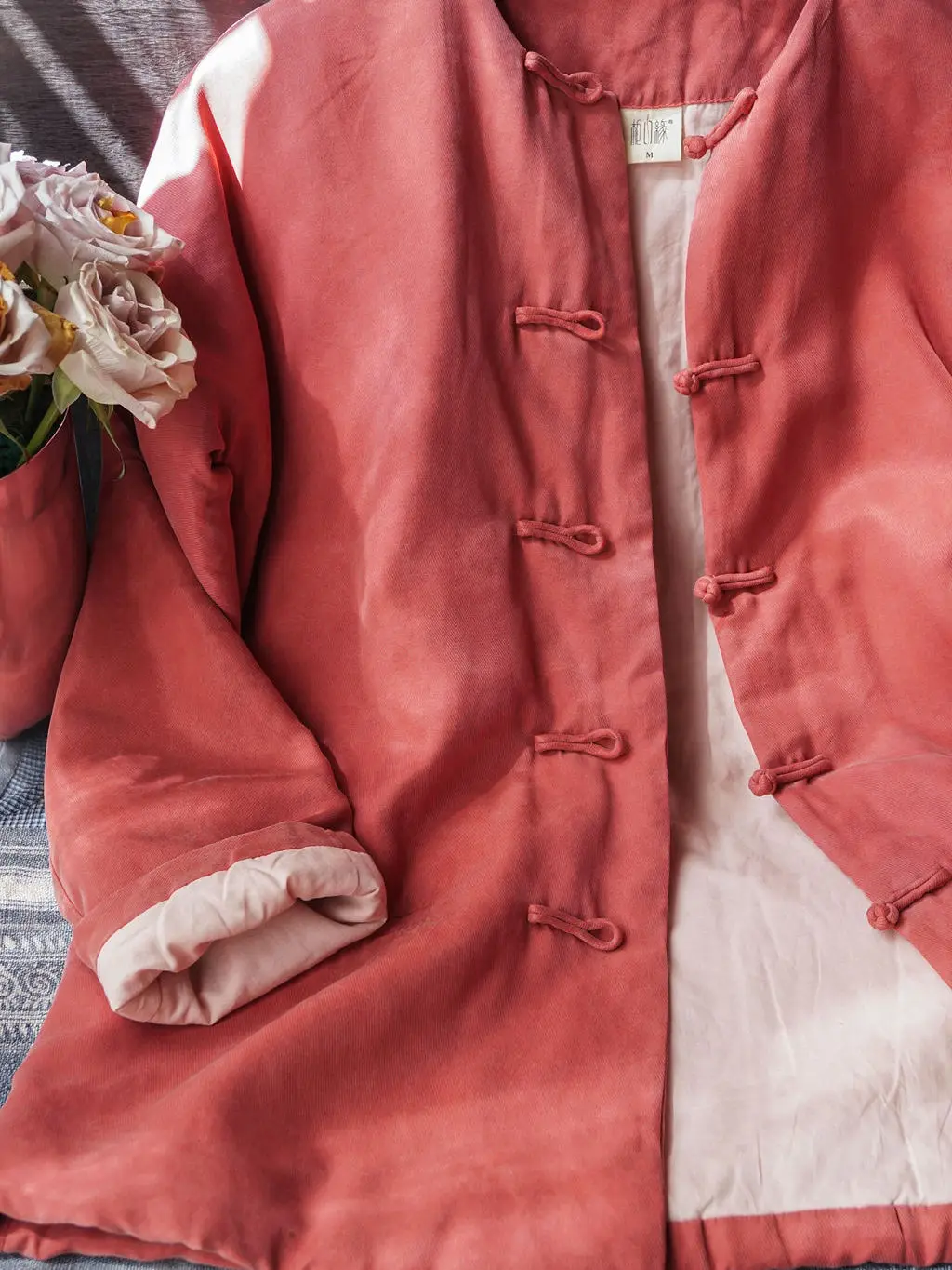 

Soft Smooth Hand-Sewn Chinese Style Women's Cotton Jacket Orange Pink Traditional Button Stand Collar Thick Long Sleeve Coat