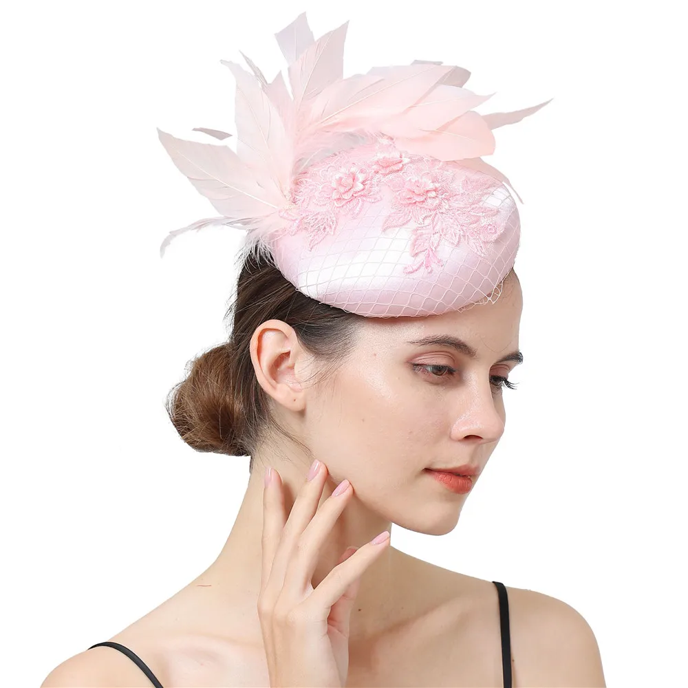 Elegant Satin Lace Feather headband Women's Hair Clip Wedding Church Occasion Headwear Formal Party hair Accessories for Females