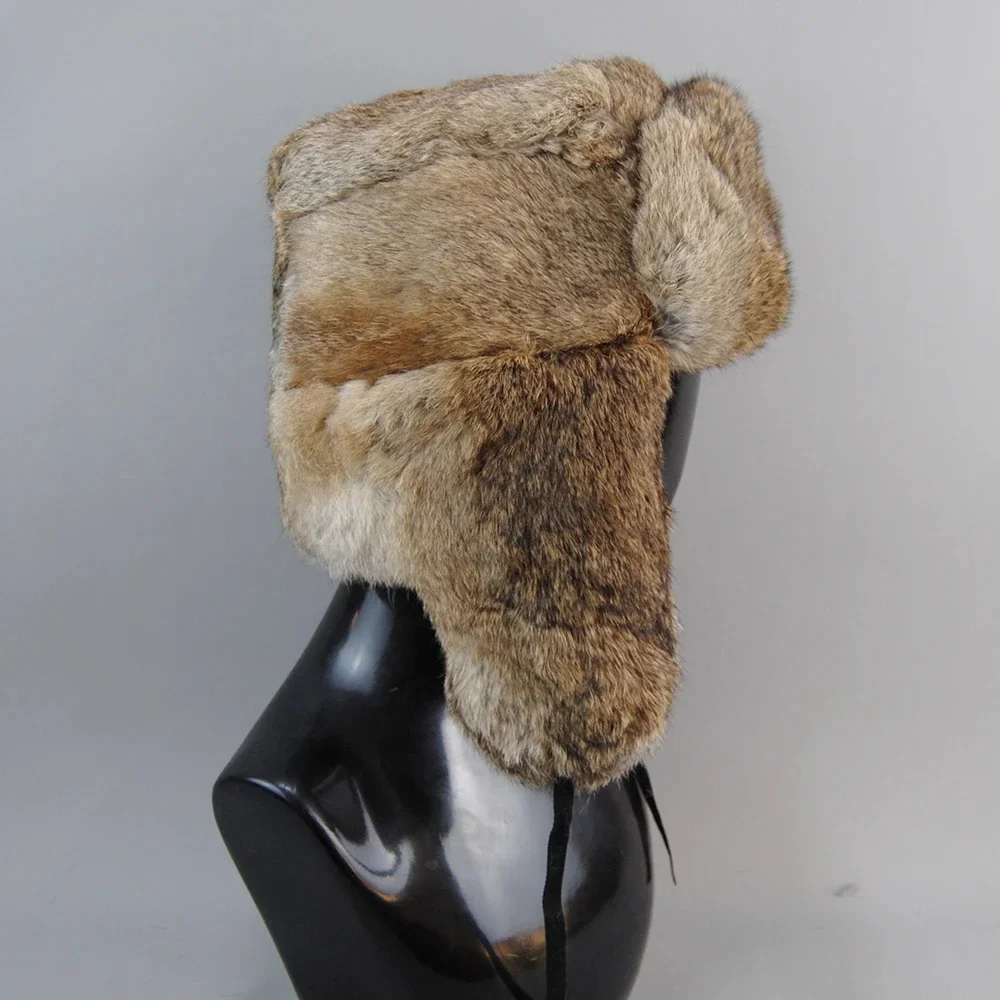 

Men's Caps Warm Natural Rabbit Fur Bomber Hat With Earflaps Winter Hot Sale Unisex Warm Russian Ushanka Hat Real Rabbit Fur Hats