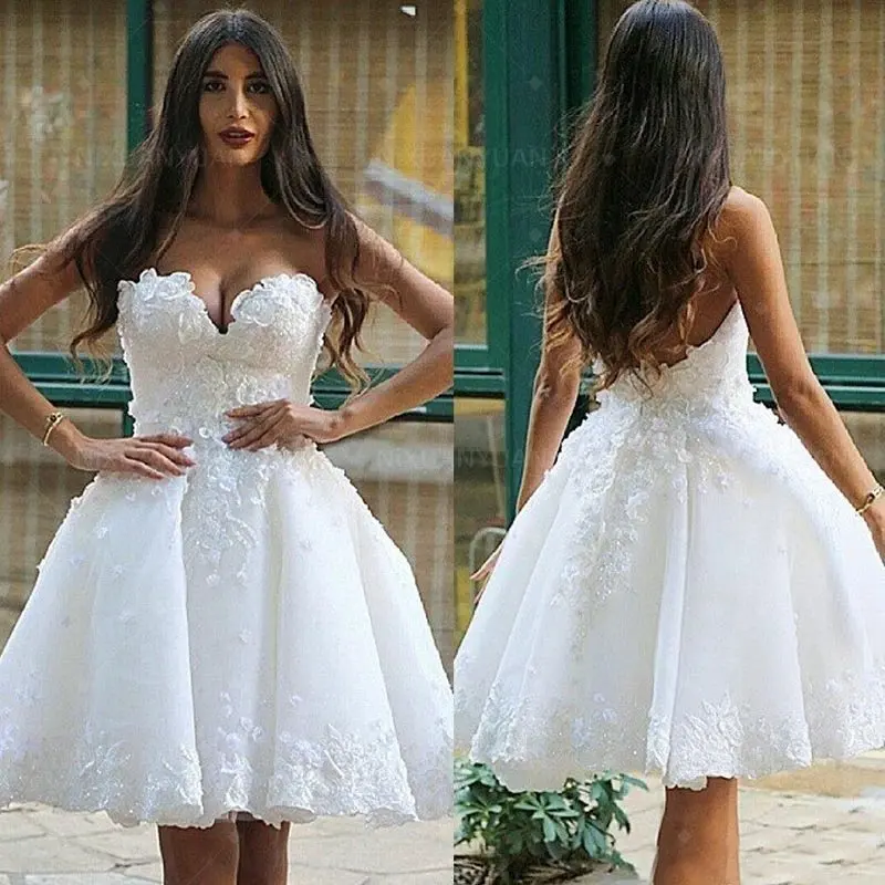 

Beach Short Wedding Dresses White Puffy A Line Sweetheart Floral Appliques Knee-Length Bridal Ball Gowns Backless Robe De Mariee