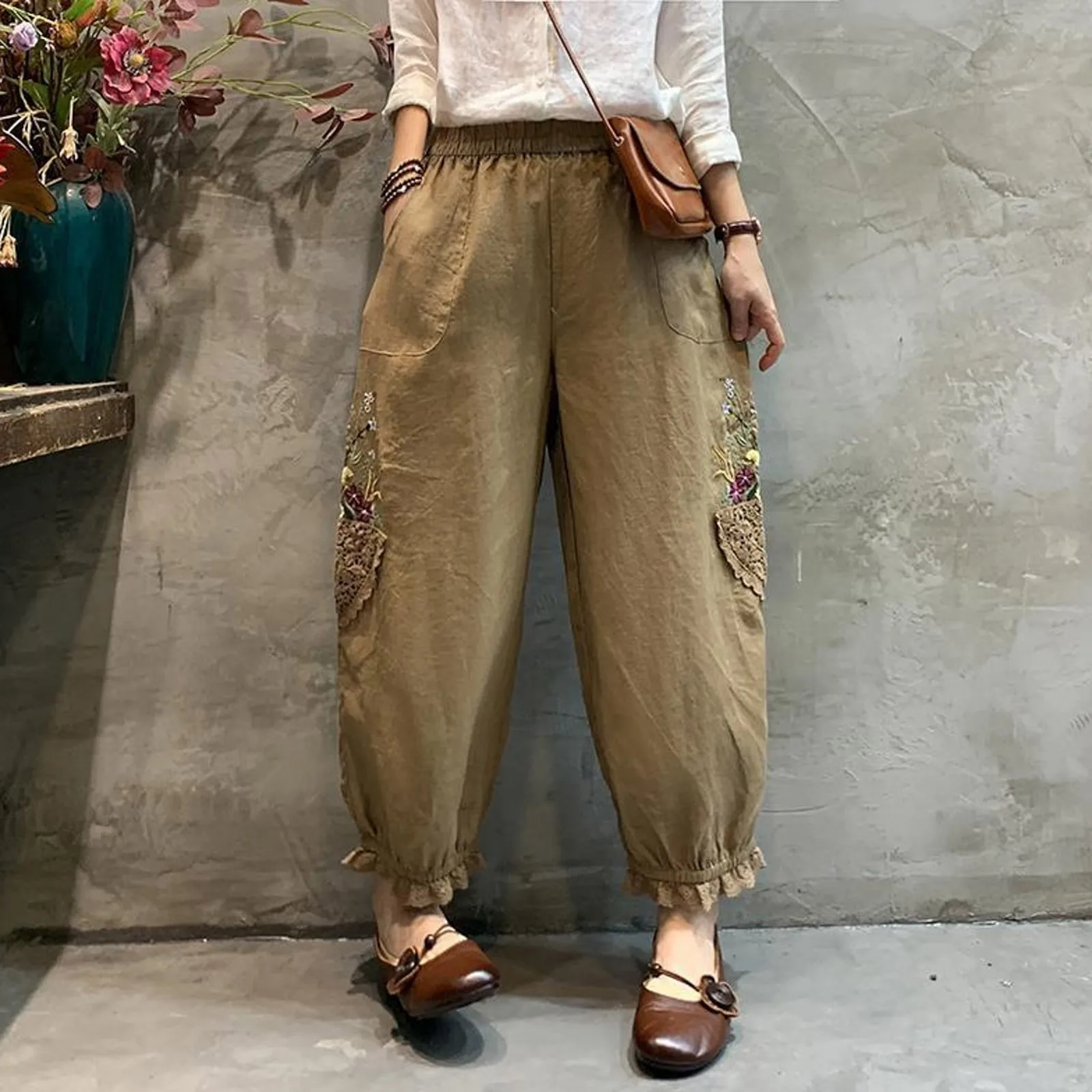 

New Trouser For Women Retro Sweet Style Harem Pants With Pockets Elastic Breathable Trousers Loose High Waist Women Pants 2024