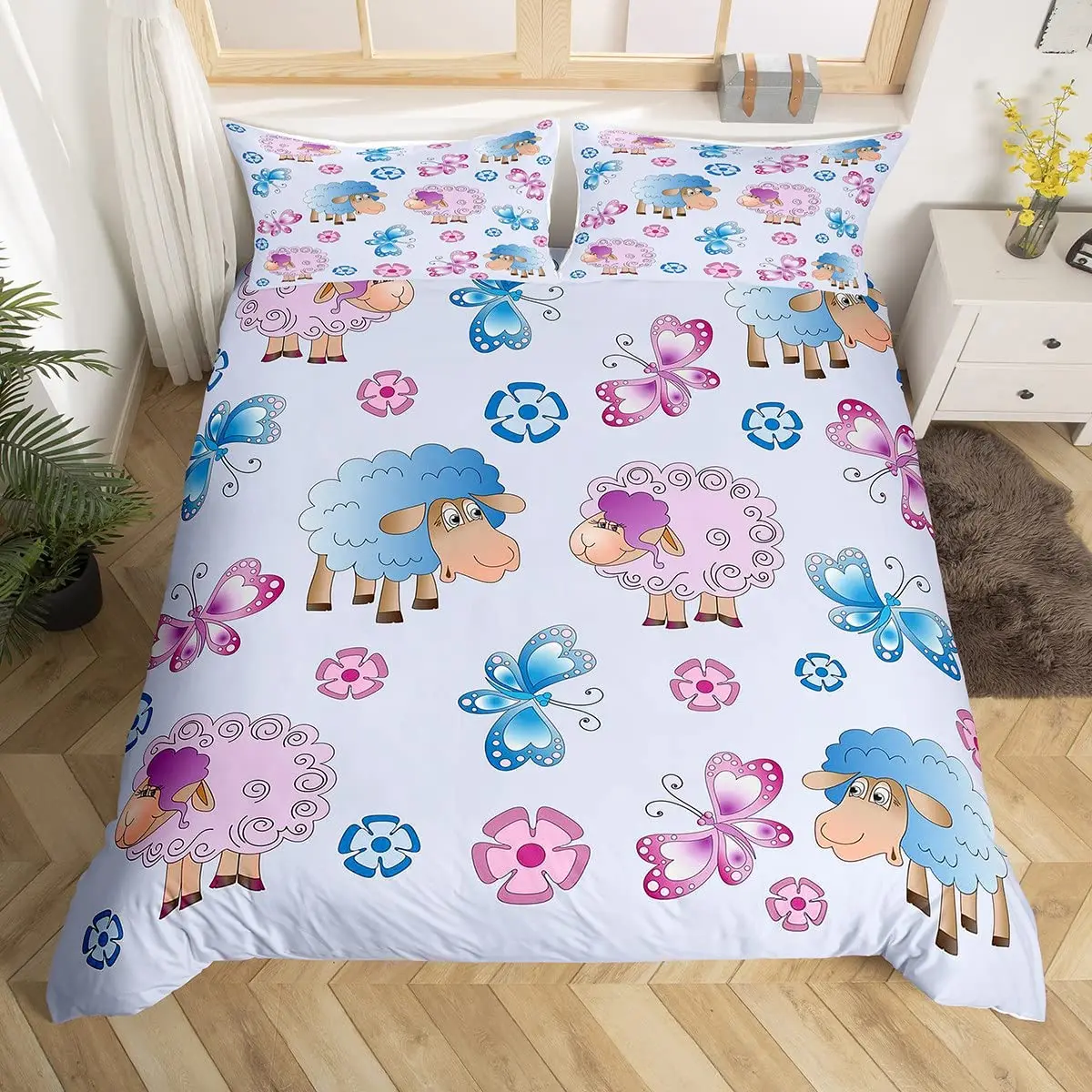 

Cartoon Sheep Duvet Cover Set Twin King Size Farm Animals Comforter Cover Microfiber Butterfly Princess Bedding Set For Boy Girl