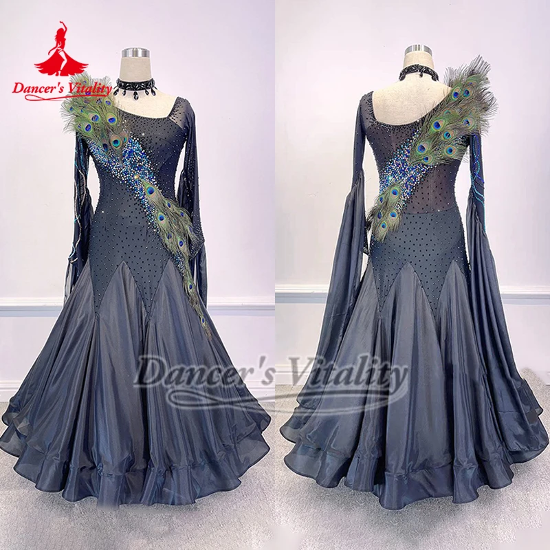 Foxtrot valse bleu marine manches longues robes de plumes de paon collier inclus personnaliser danse sociale vitalité de danseur vêtements