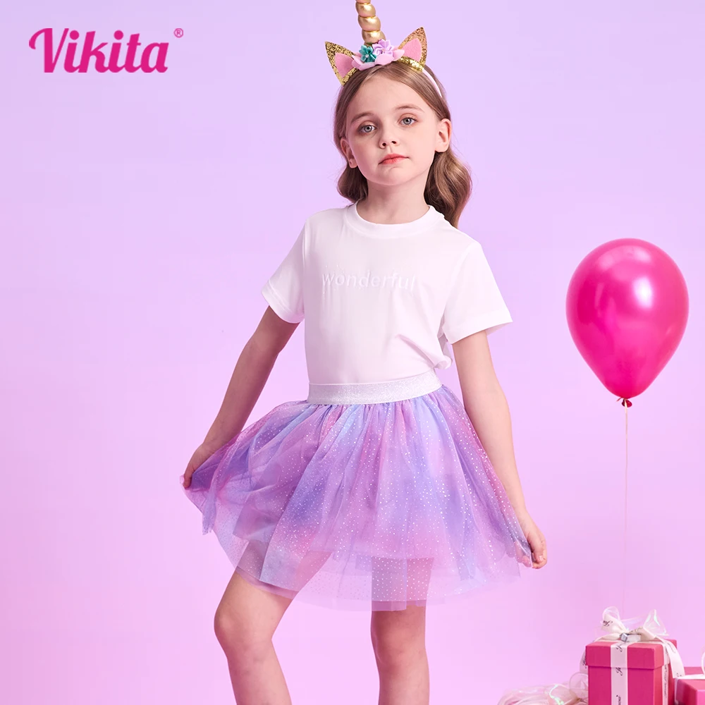 VIKITA Girls Glitter Gradient Purple Tulle Mesh Mini Skirt Kids Birthday Party Princess Casual Daily Wear Sparkly Fluffy Skirt