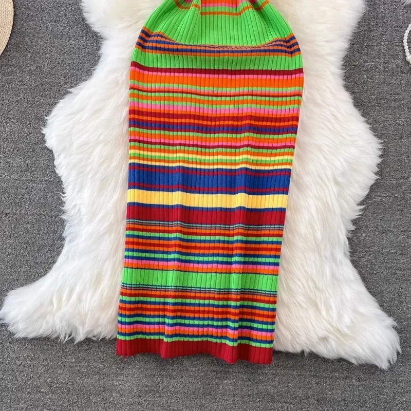 Vintage Elastic Rainbow Striped Dress for Women Summer Slim Waist Bodycon Dresses Y2k Maxi Long Vestido Feminino