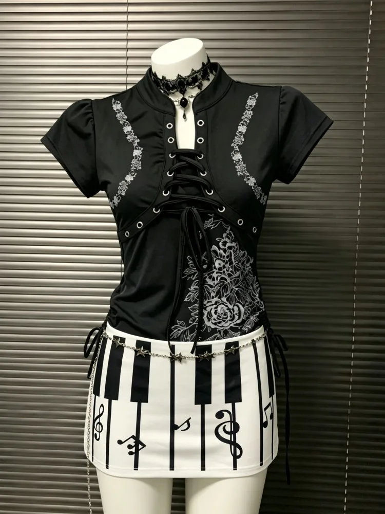 Gothic Women Y2k Crop Top Punk Slim 2-piece Set Bandage Piano Keys Print Emo Girl Slim Graphic Tee Femme Grunge T shirts 90s Top