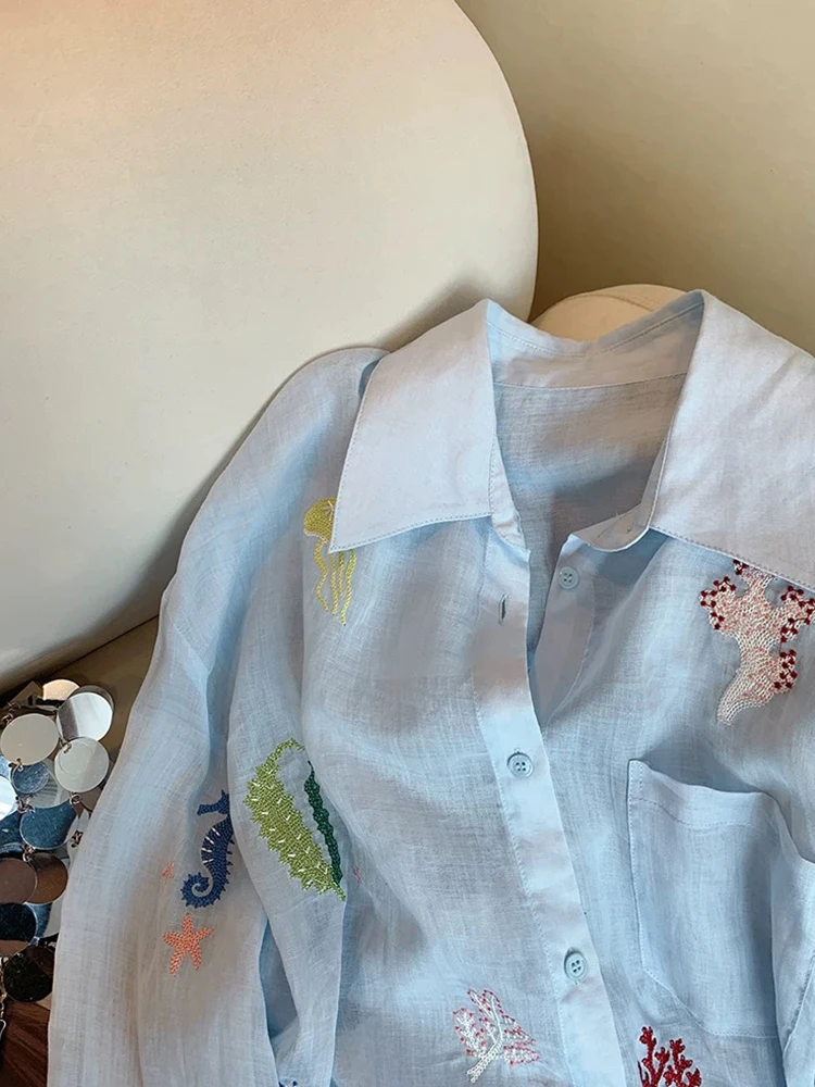 South Oil High Board Damesbloemenborduurwerk irt Dunne zonbescherming Loose Fit Koreaanse Sle Long Sve Ne Design