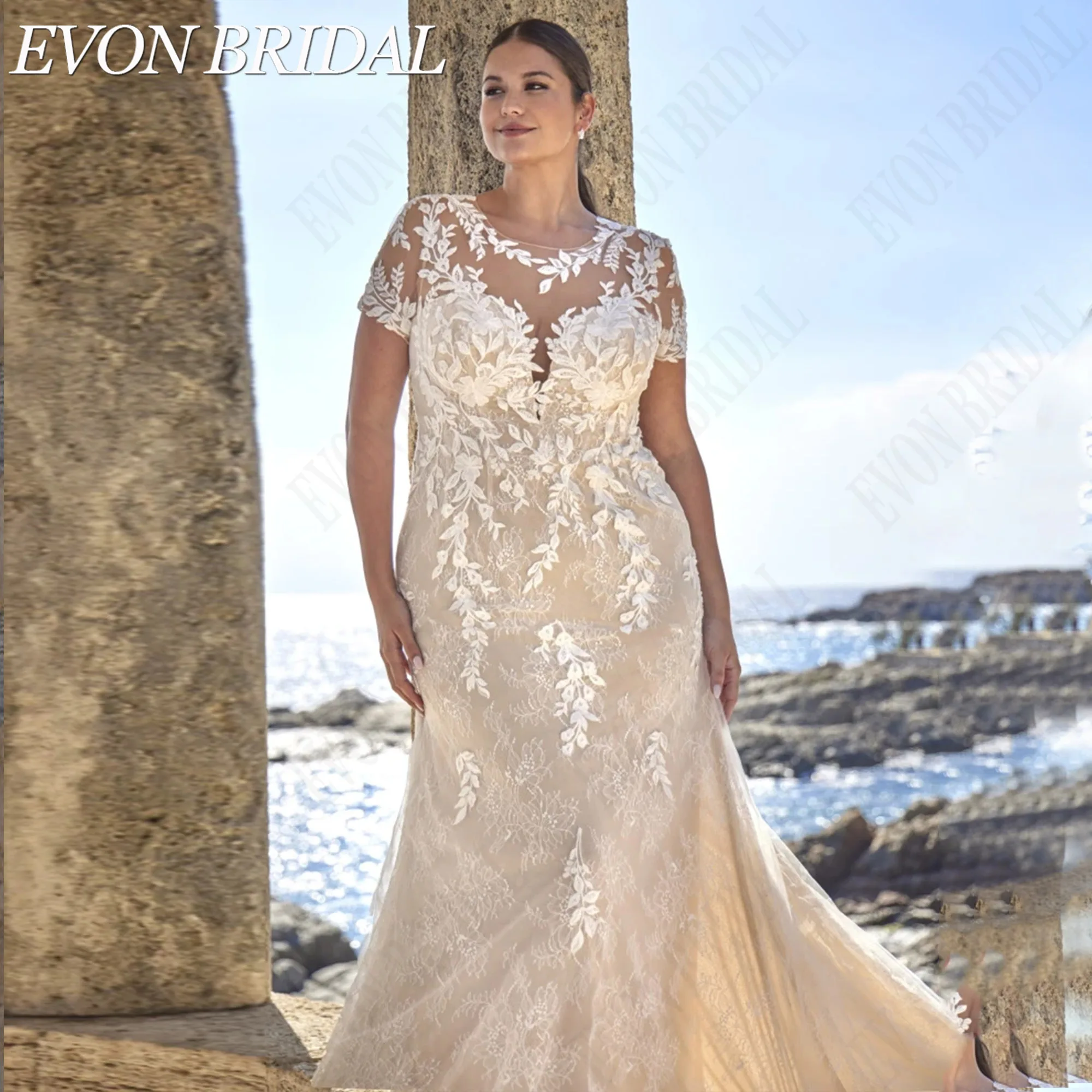 EVON BRIDAL Short Sleeves Lace Customized Wedding Dress Plus Size O-Neck Lace Appliques Bride Dresses Mermaid Bridal Gown