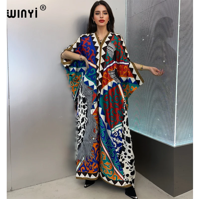 WINYI summer kaftan kuwait Women print Beach cover-ups dress abaya dubai luxury abaya muslim woman dubai Fashion evening dress
