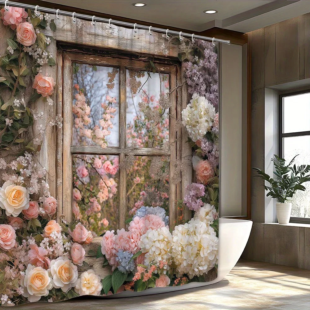 

Винтажная занавеска для душа с цветочным принтом — цветущие розы и гортензии, садовое отражение, мягкая пастель, полиэстер, можно стирать в машине