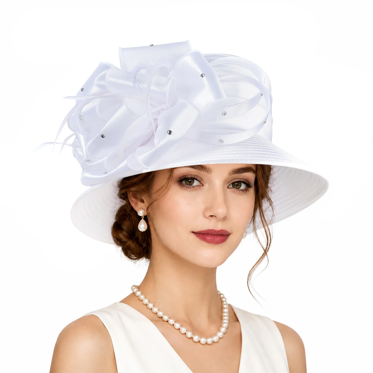 Wide Brim Linen Fascinator Hat, Handmade Rhinestone Bow, Derby Church Wedding GLAKJGIY Church Hat for Women Derby Tea Party Wedding Dress  main image 3