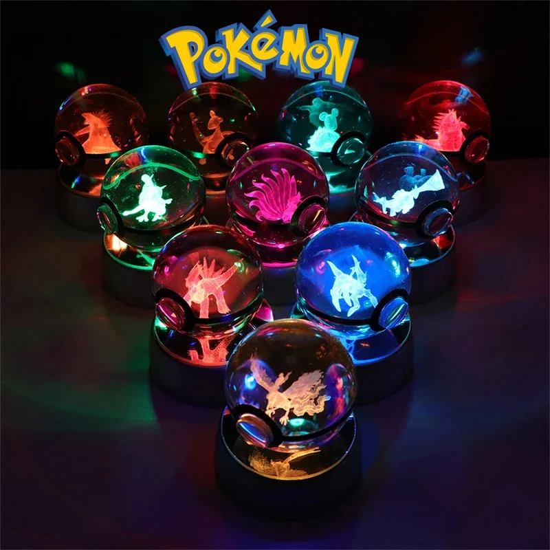 Pokemon 3D Crystal Ball Figure Toys Pokeball Gengar Gyarados Mimikyu Snorlax Rayquaza Sprigatito Model With Led Light Base Dolls