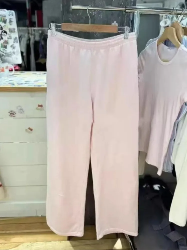 New Pink Cotton Drawstring Straight Sweatpants Women Autumn Streetwear High Waist Loose Trouser Casual Vintage Sport Long Pant