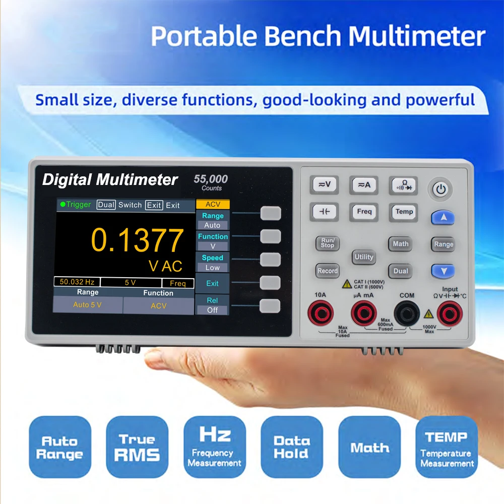 Bench Digital Multimeter 4 1/2 Digits True RMS Temperature DC AC Voltage Current Voltmeter Measurement Tool USB 3.5inch