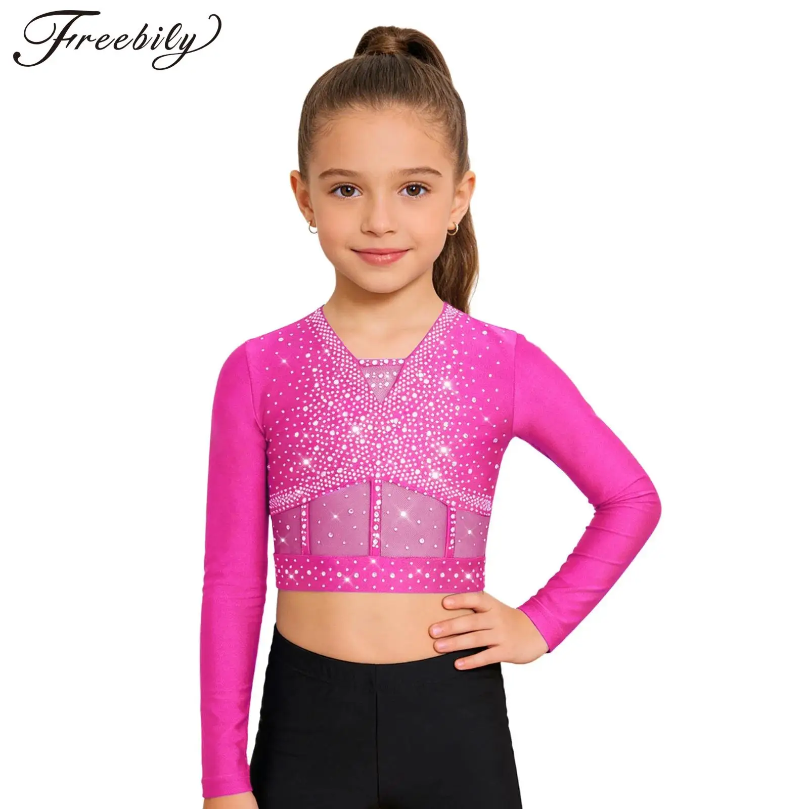 Kids Girls Shiny Rhinestones Ballet Dance Gymnastics Tops Long Sleeve Mesh Crop Top Figure Skating Acrobatics Modern Dancewear