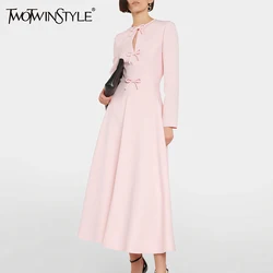 TWOTWINSTYLE Patchwork Bowknot Dresses For Women Round Neck Long Sleeve High Waist Solid Elegant A Line Dress Female Fashion New