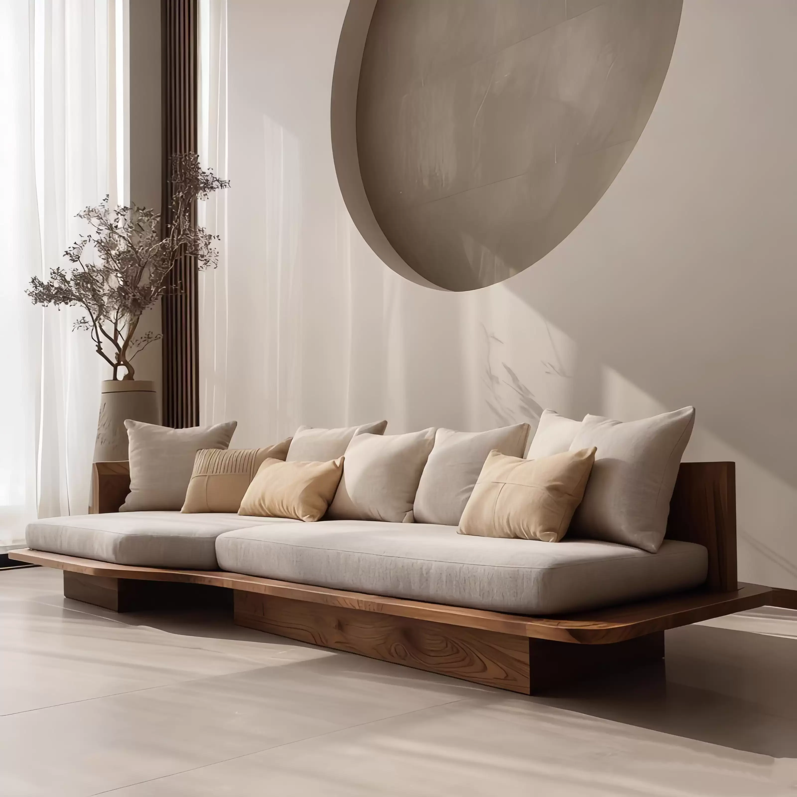

Y Japanese style quiet wind solid wood natural side straight sofa Arhat bed hotel B&B reception sofa furniture