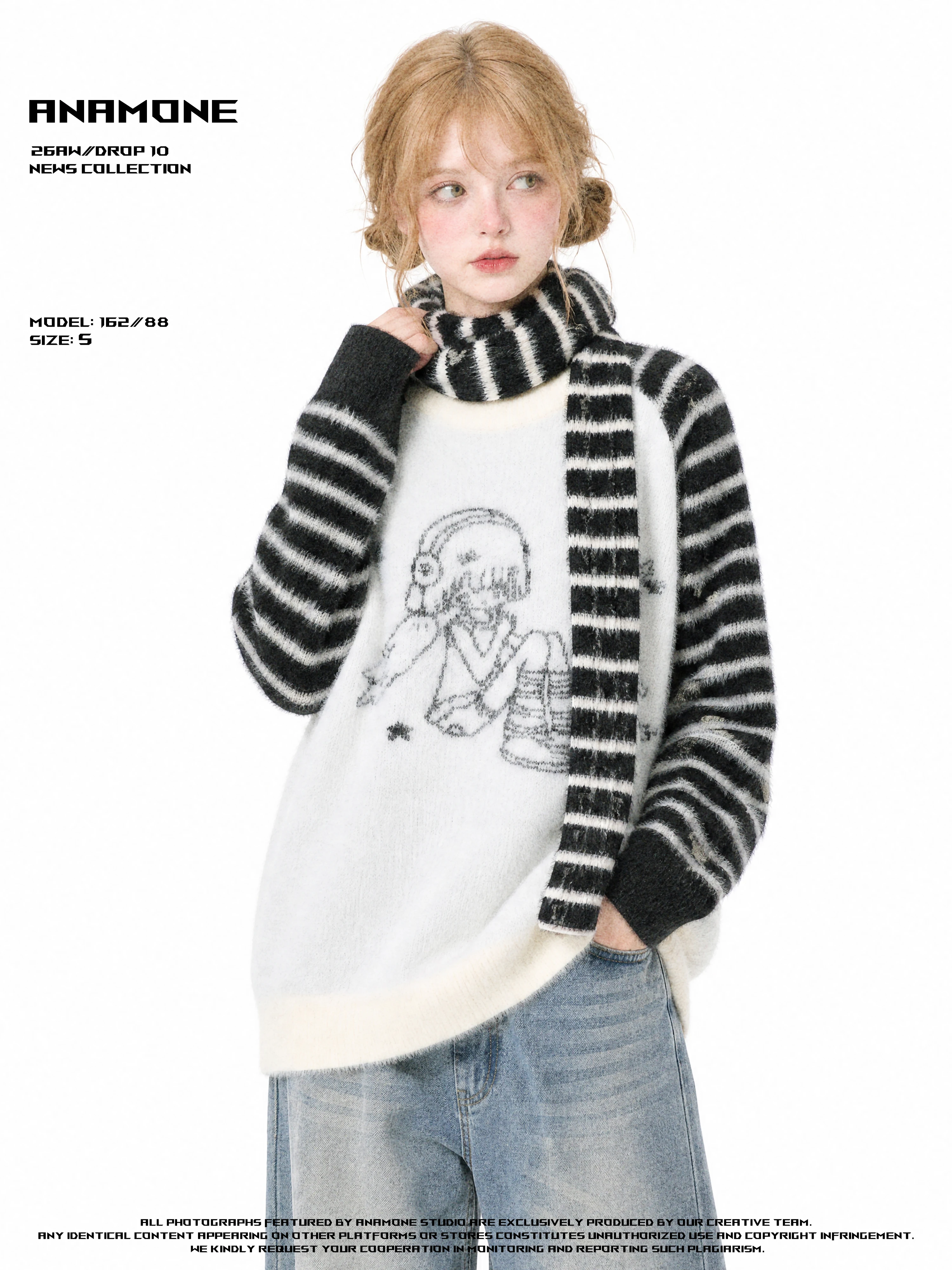 ANAMONE Millennium Stripe Patchwork Sweater Women's Loose Lazy Soft Cartoon Top Sweet Style Chinese Production Spring Season
