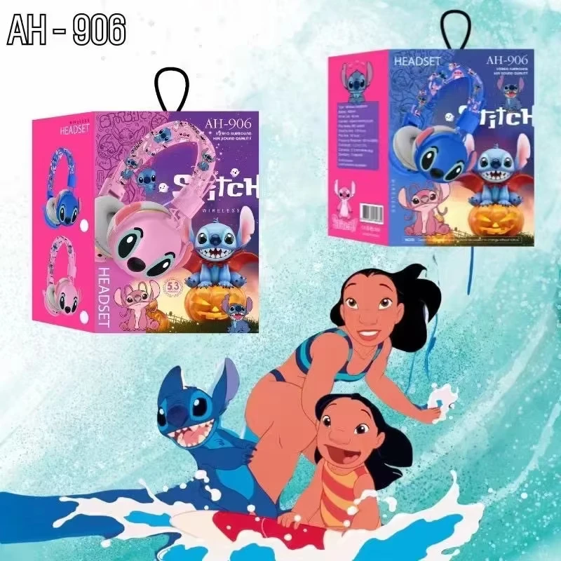 Headphone Bluetooth Anime Kartun Stitch Disney Ah-906 Earbud Nirkabel Suara Hifi Headset Lipat dengan Mikrofon Hadiah Anak-anak Kawaii