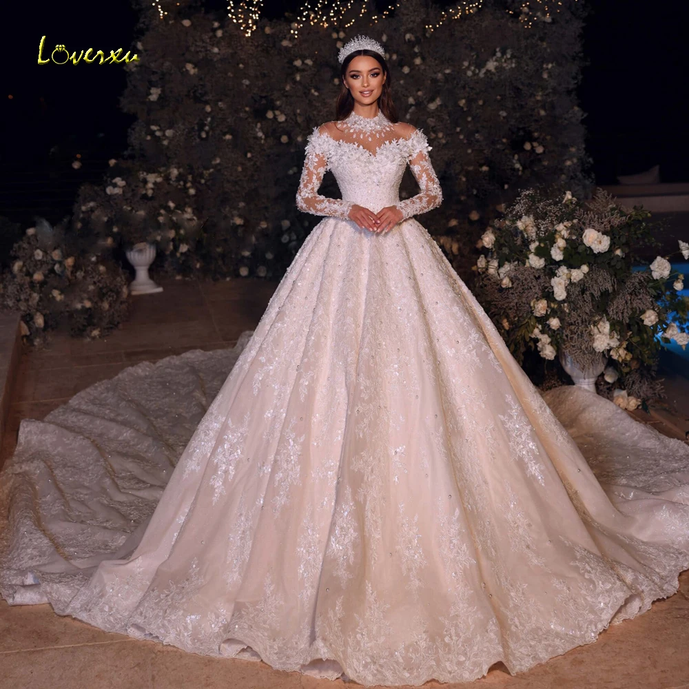 Loverxu Ball Gown Royal Wedding Dresses High Neck Long Sleeve Vestido De Novia Lace Embroidery Custom Made Robe De Mariee