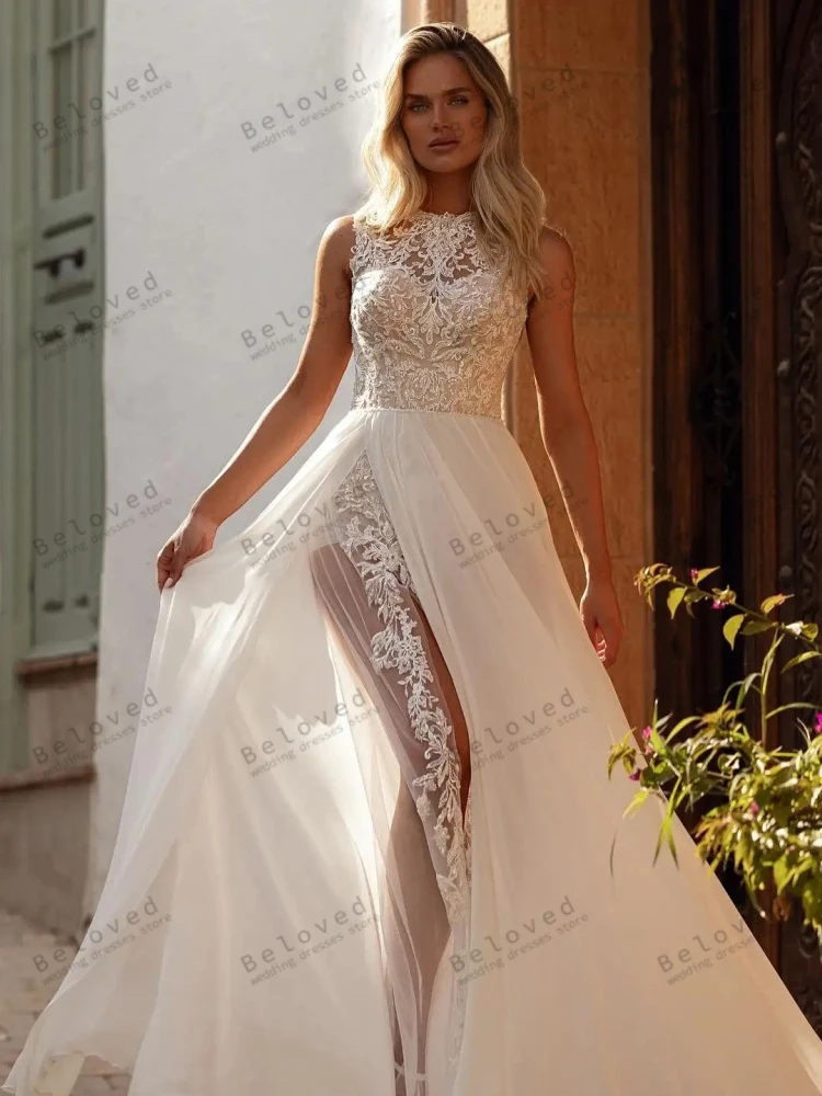 Splendidi abiti da sposa a-line abiti da sposa in Chiffon Appliques di pizzo senza maniche abito a fessura alta per abiti da festa formale De Novia