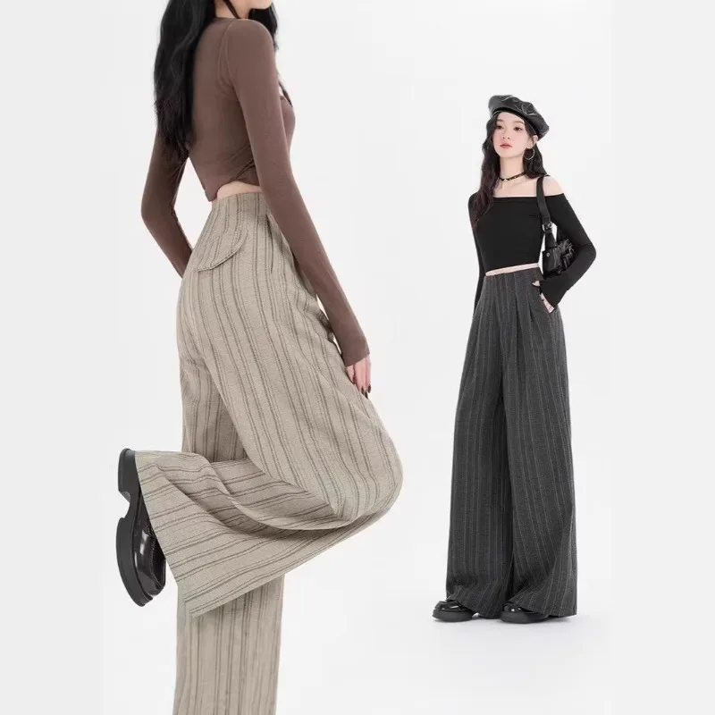 Striped Pleated Suit Pants Women's Spring and Autumn New Old Money Wind Pants High Waist Thin Loose Drape Casual Wide-leg Pants