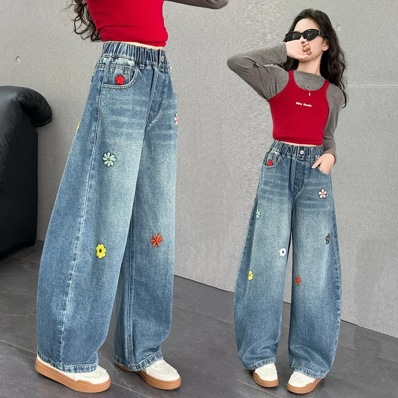 Pantalones vaqueros rectos para niñas con bordado de flores, pantalones holgados de pierna ancha para niños, pantalones Deni de calle alta para adolescentes, pantalones de chándal informales para niños