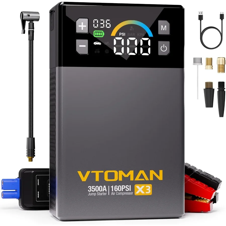 Rozrusznik awaryjny z kompresorem powietrza do awaryjnego uruchamiania akumulatora pojazdu: 3500A, przenośny rozrusznik o dużej mocy, kompatybilny z...