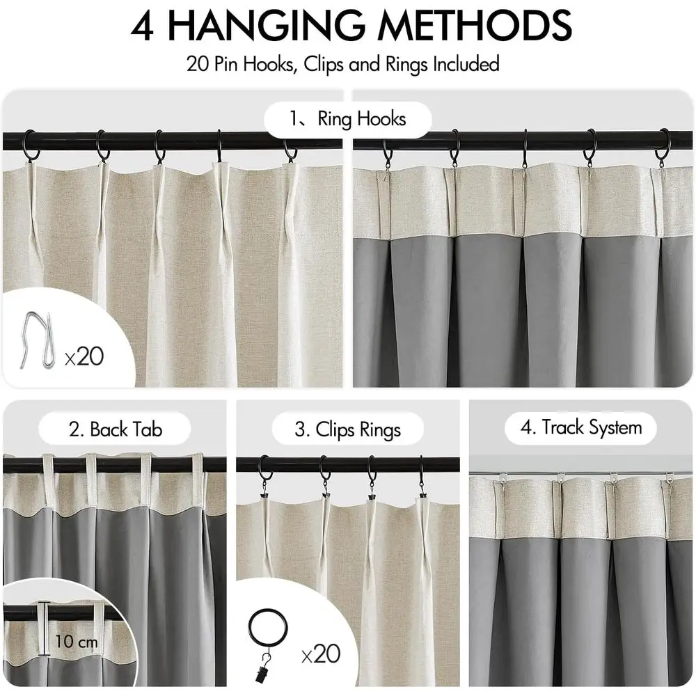 Zasłony zaciemniające z potrójnymi zakładkami, długość 244 cm, zestaw 2 paneli, kremowe zapięcie na sznurki, naturalny kolor, do sypialni i salonu