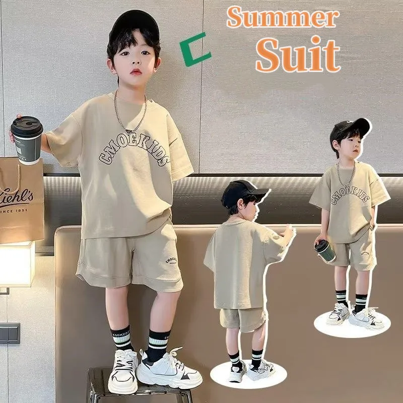 

Summer Boys Cotton Loose Alphabet Apricot T-Shirt Tops+Shorts Pant School Kids Tracksuit Children 2PCS Outfit Workout Set 5-14Yr