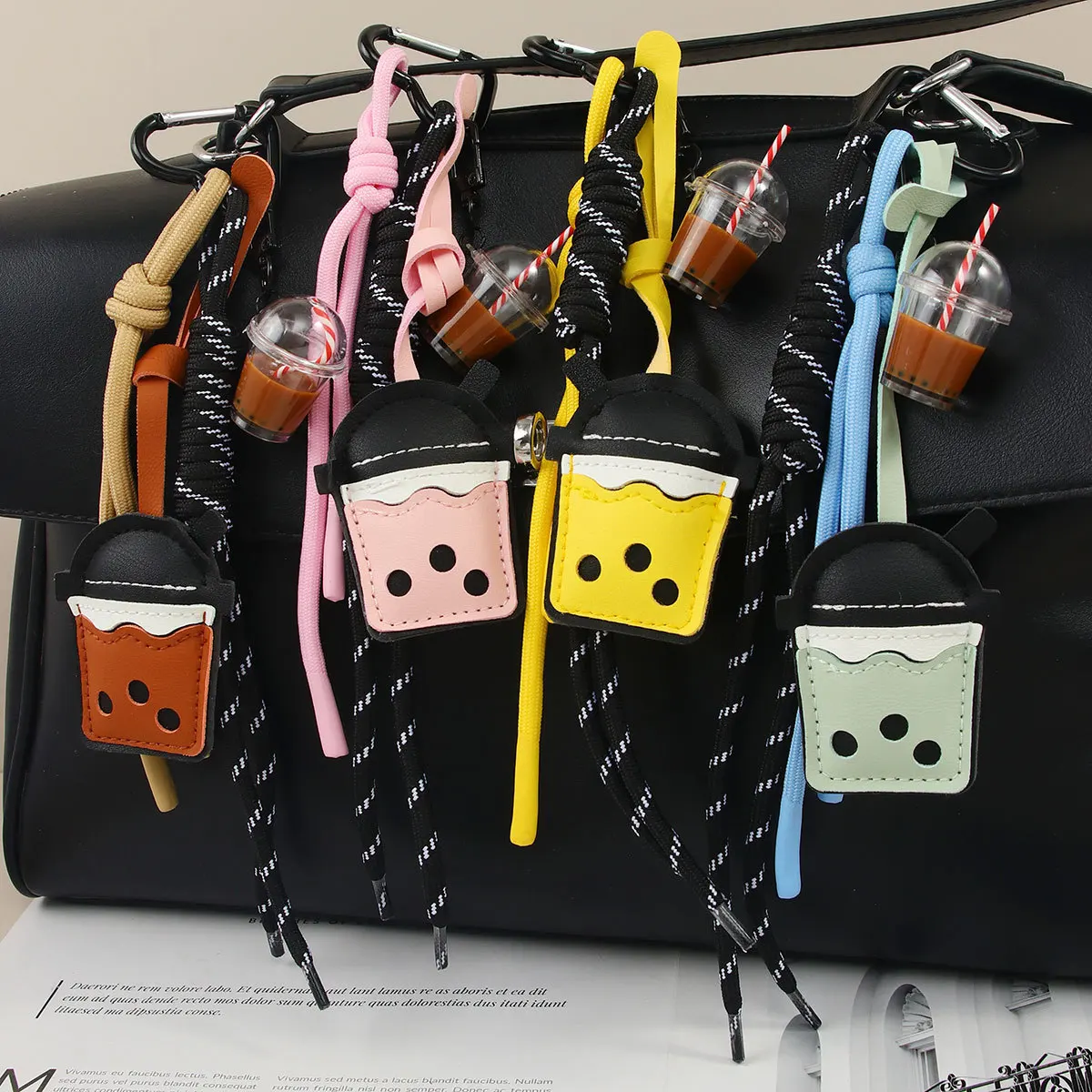 

Fashion New Creative Milk Tea Cup Pendant Pu Leather Cute Bubble Tea Braided Rope Bag Pendant Keychain Bag Parts Accessories
