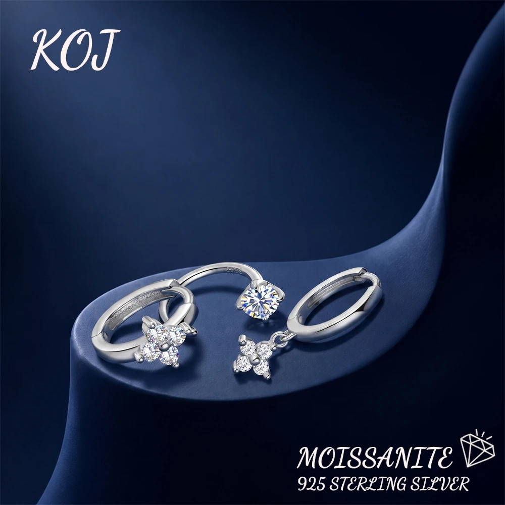 KOJ 1PC Moissanite Hoop Earring Four‑Leaf Clover Flower C‑Shape Fashionable   For Women Everyday Wear Fine Jewelry Accessories